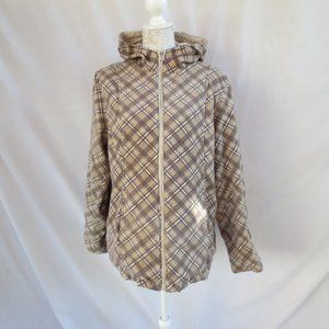 Izod Reversible Tan Plaid Fleece 2 in 1 All Weather Hooded Zip Up Jacket Size L
